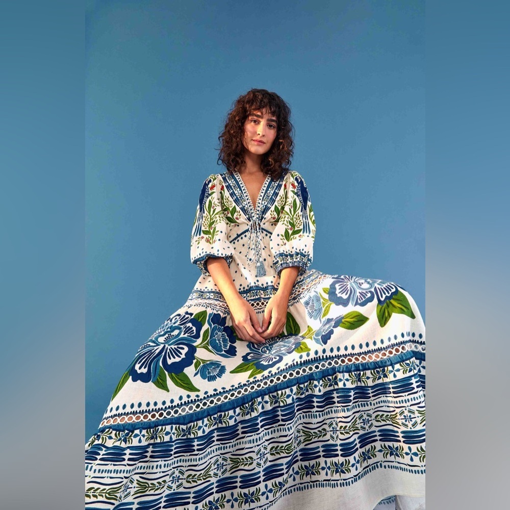 Farm Rio Macaw Flight Maxi Dress Off White Blue Floral NWT Size S - Picture 2 of 16